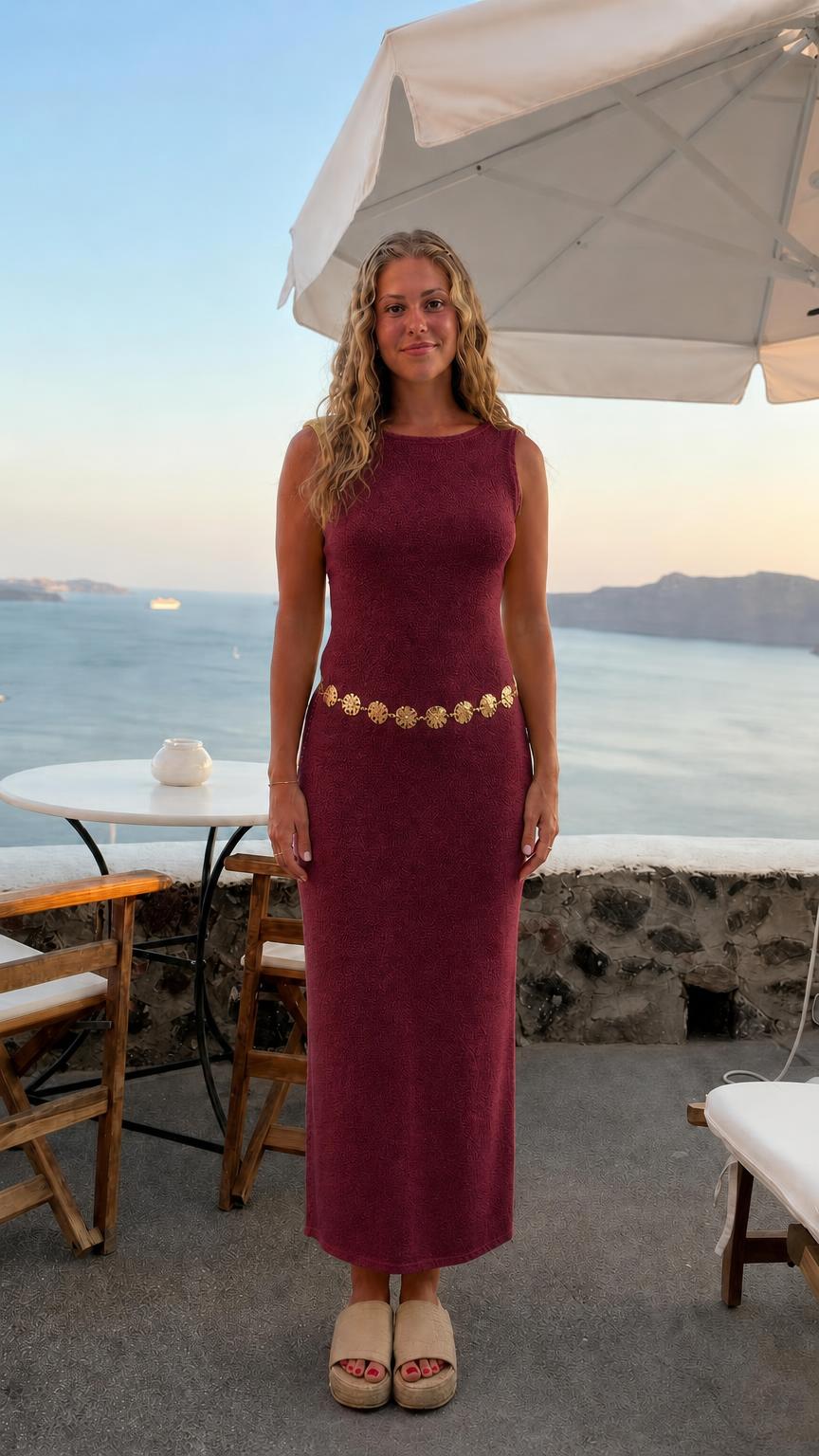Front view of burgundy sleeveless midi dress variant