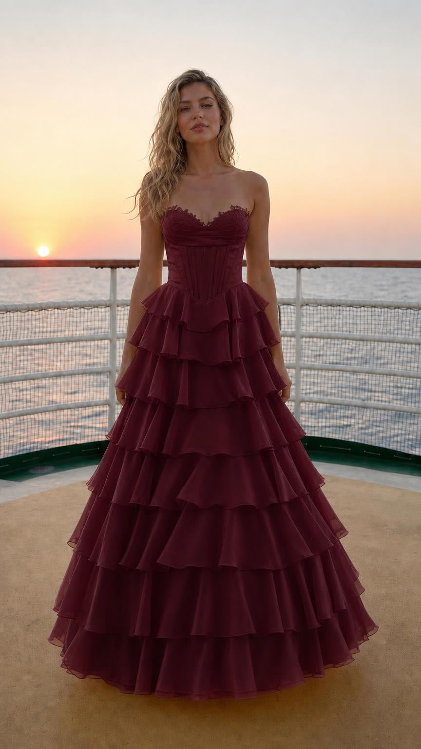 Model wearing burgundy sweetheart corset tiered ruffle long evening gown