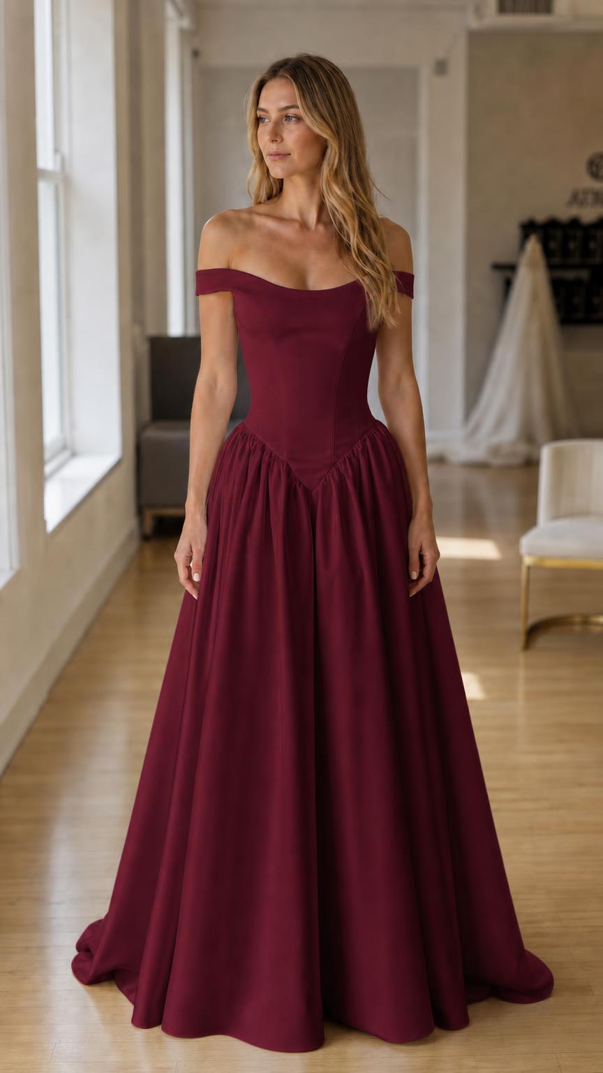 Front view of burgundy evening gown