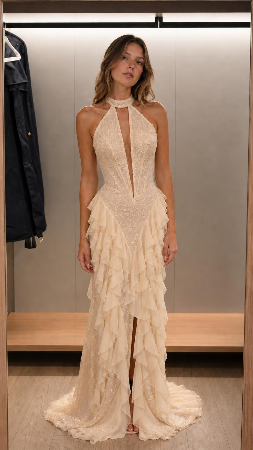 Front view of champagne halter neck beaded ruffle maxi dress