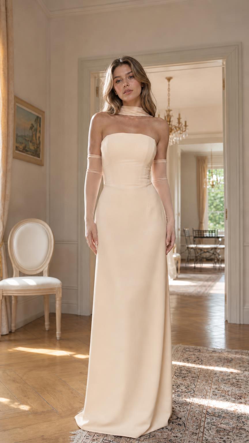Champagne evening gown with matching sheer gloves