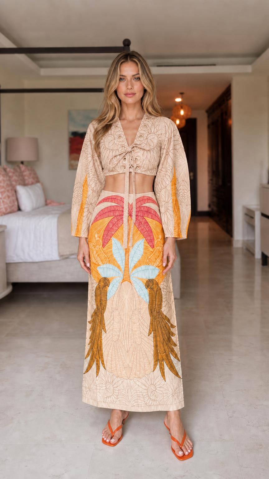 Model wearing Beige tropical embroidered two-piece set
