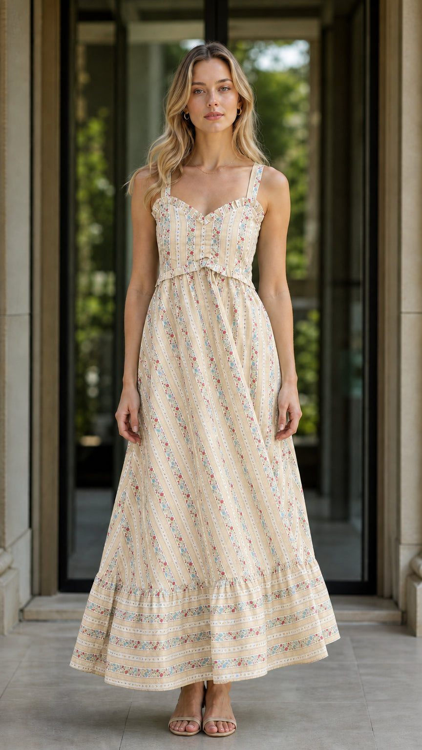 Front view of beige floral striped maxi dress variant