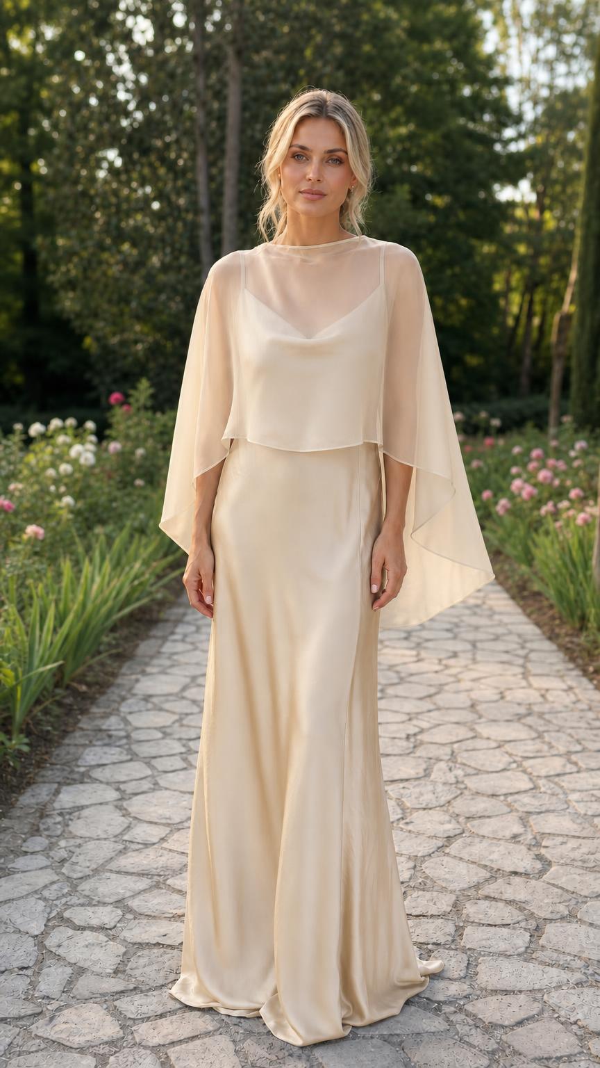 Model wearing champagne capelet evening dress
