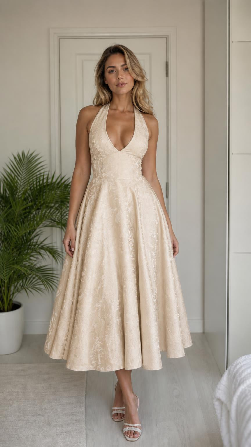Model wearing champagne halter midi dress
