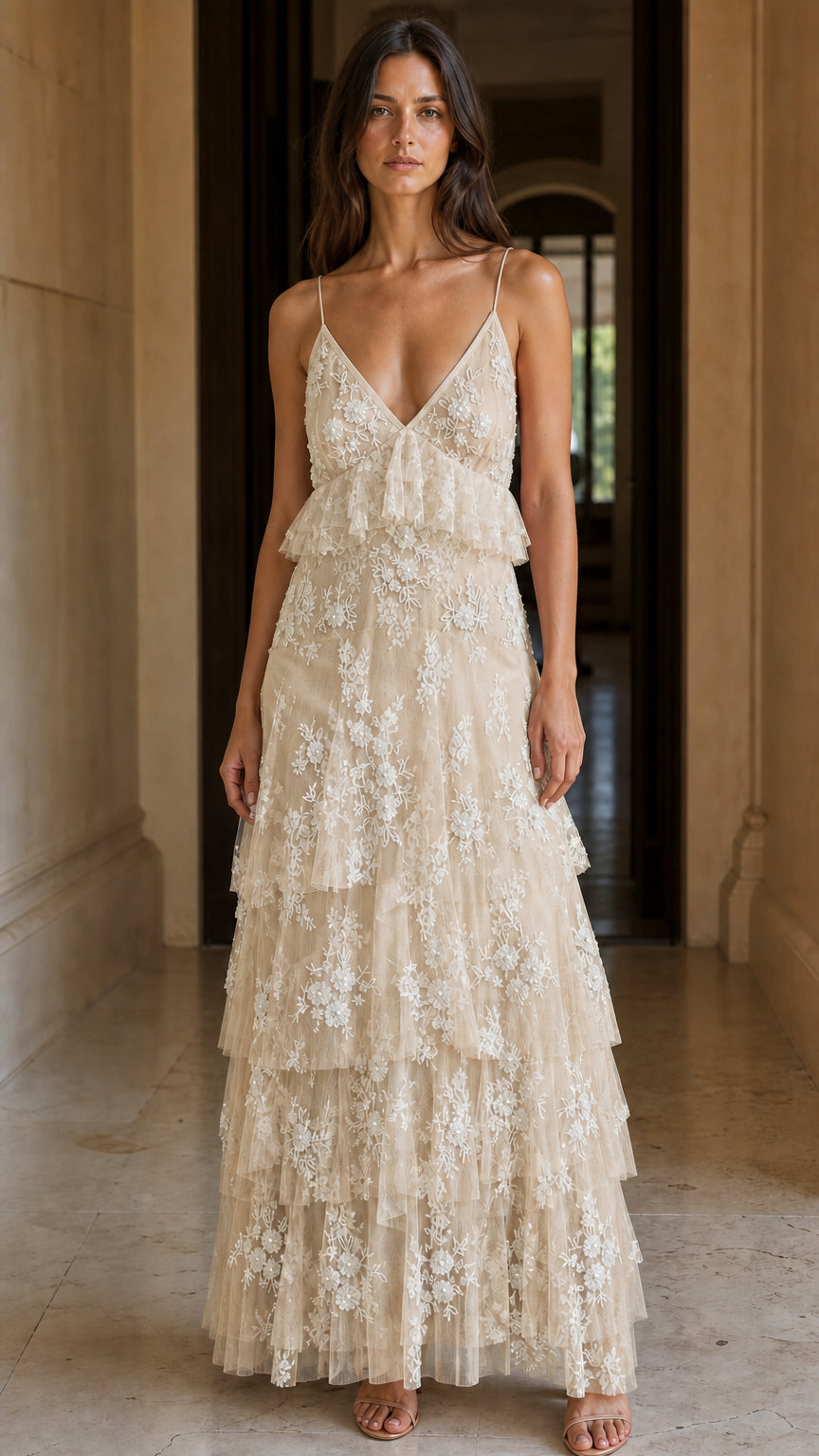 Front view of champagne embroidered tulle tiered maxi dress