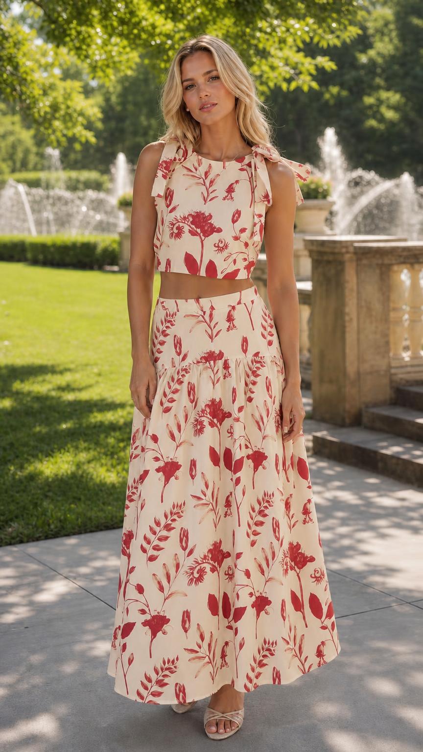 Woman wearing cream floral two-piece set outdoors