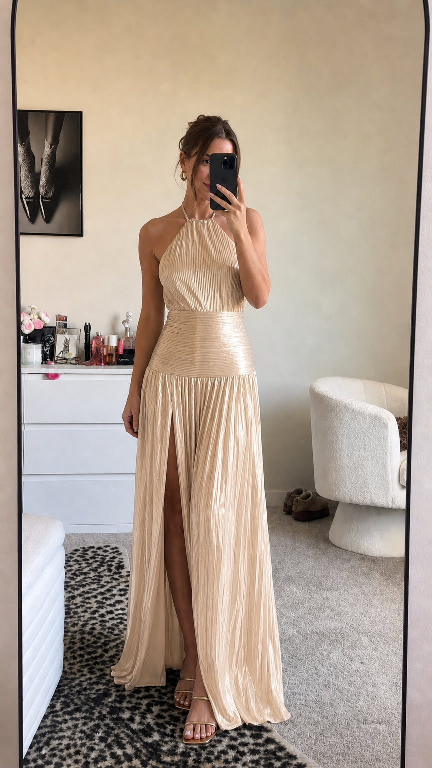 Metallic champagne halter pleated maxi dress with high slit