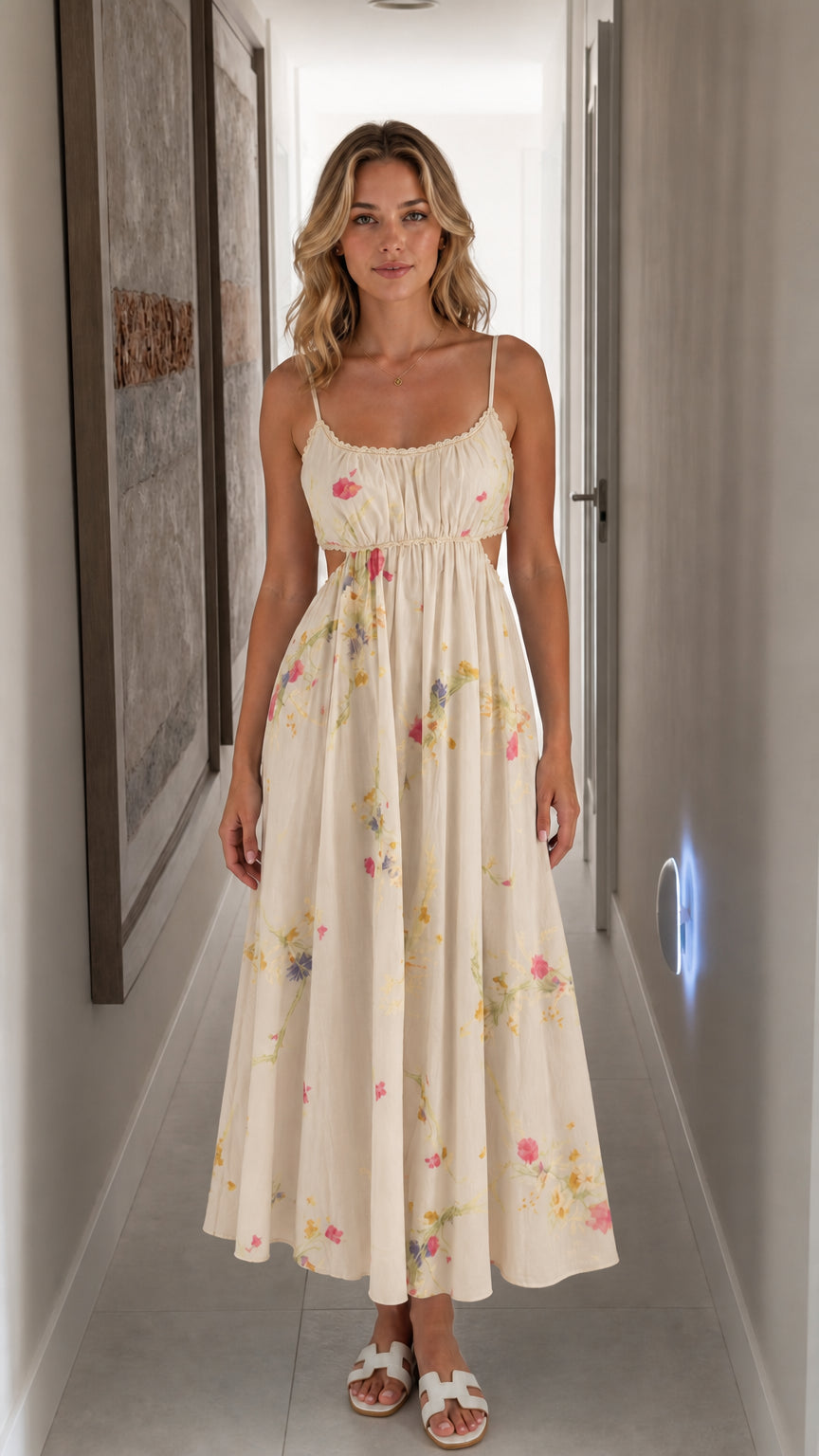 Front view of cream floral cutout midi dress