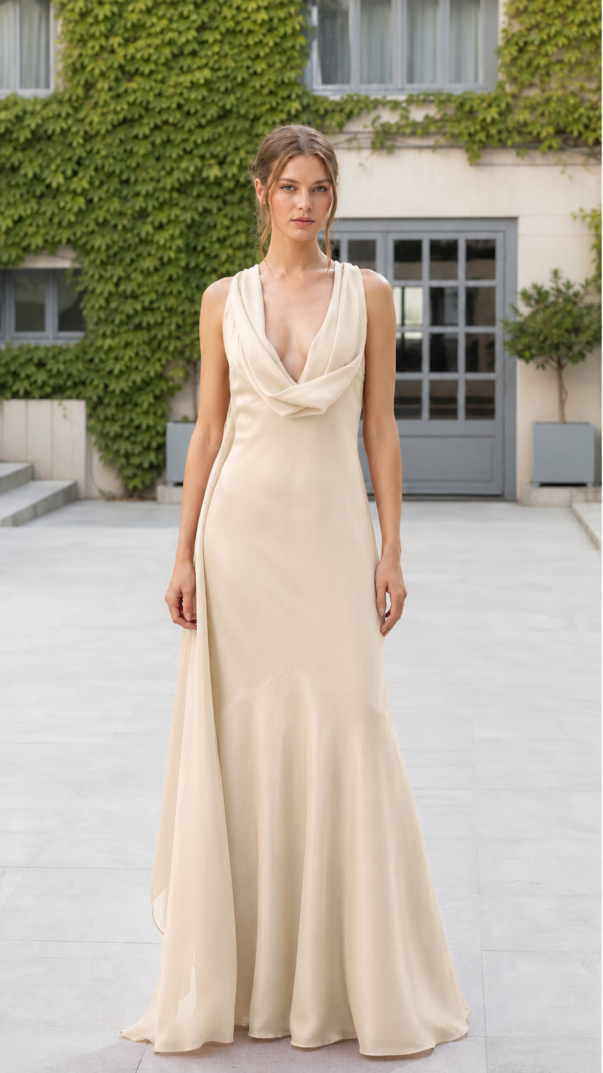 Model wearing champagne evening dress