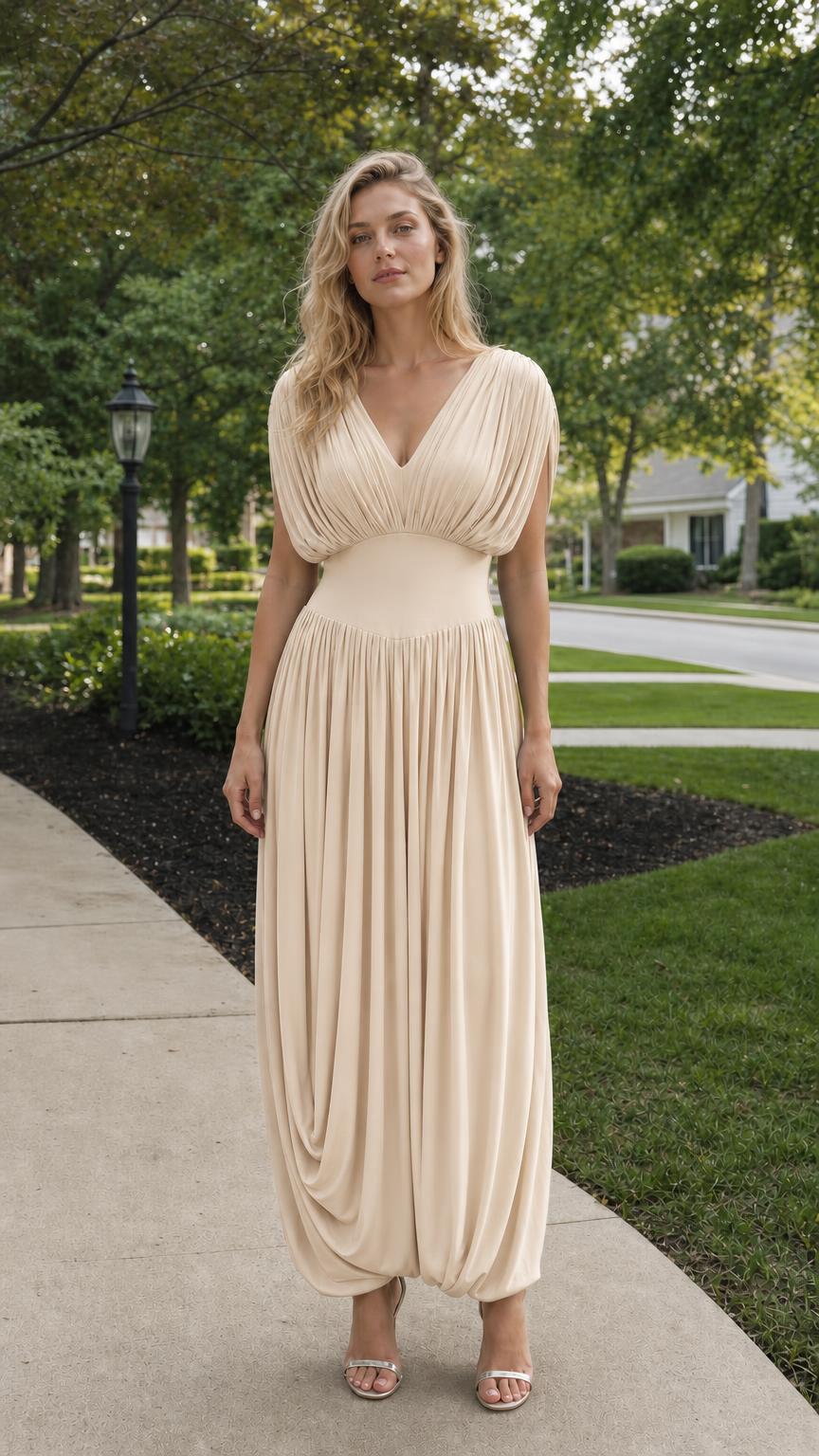 Front view of Champagne pleated maxi dress