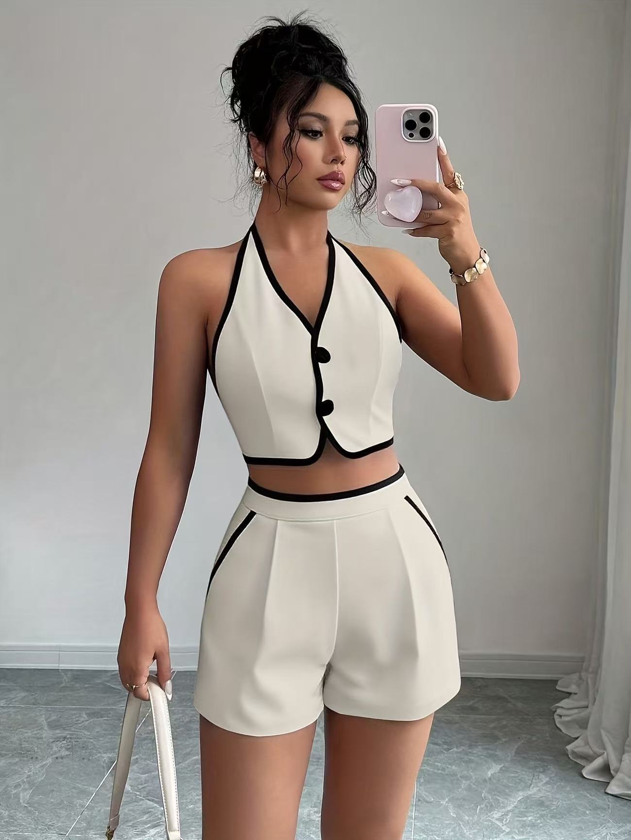 Sleeveless Halter Top And Shorts Set For Women
