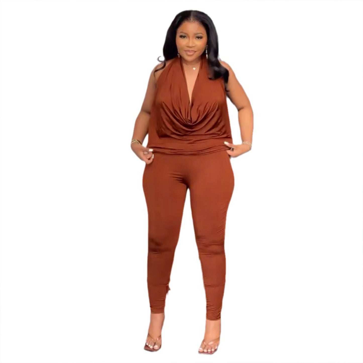 Women's Solid-Color Stretch Halterneck Casual Set