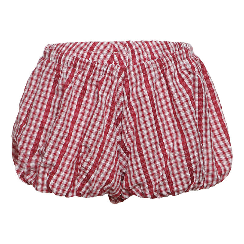 New Deep-V Korean-style Fashionable Camisole Top And High-waisted Plaid Shorts Set
