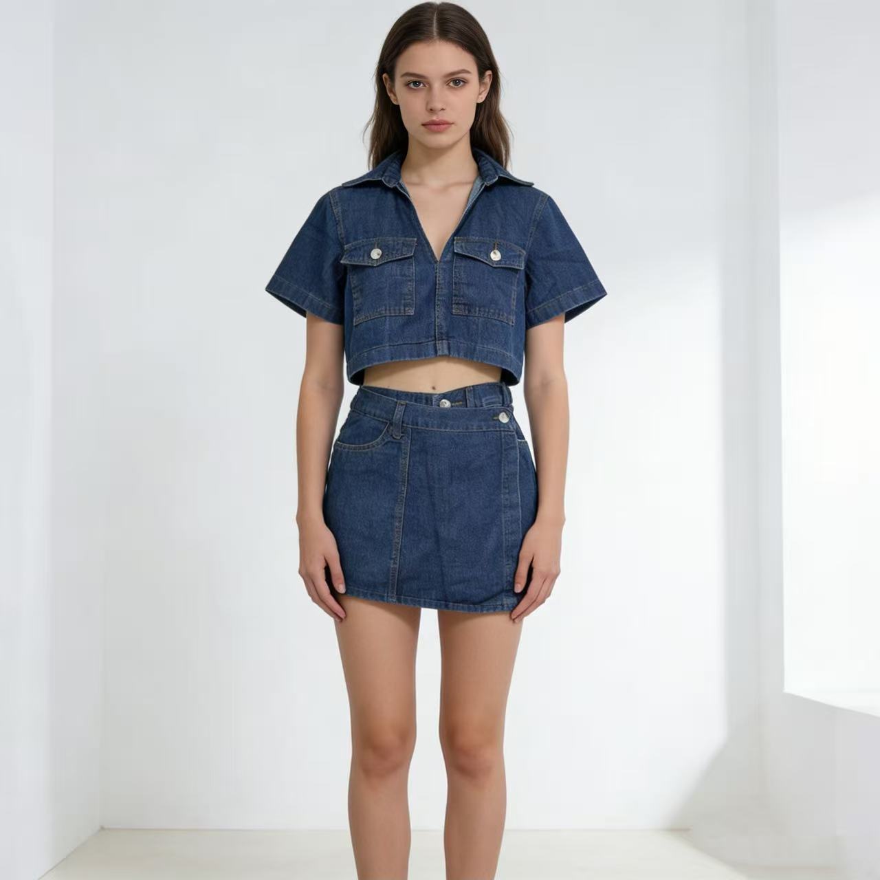Workwear Denim Jumpsuit Skirt Womens Summer V-Neck Short-Sleeve Top Summer Womens Chic Irregular Style