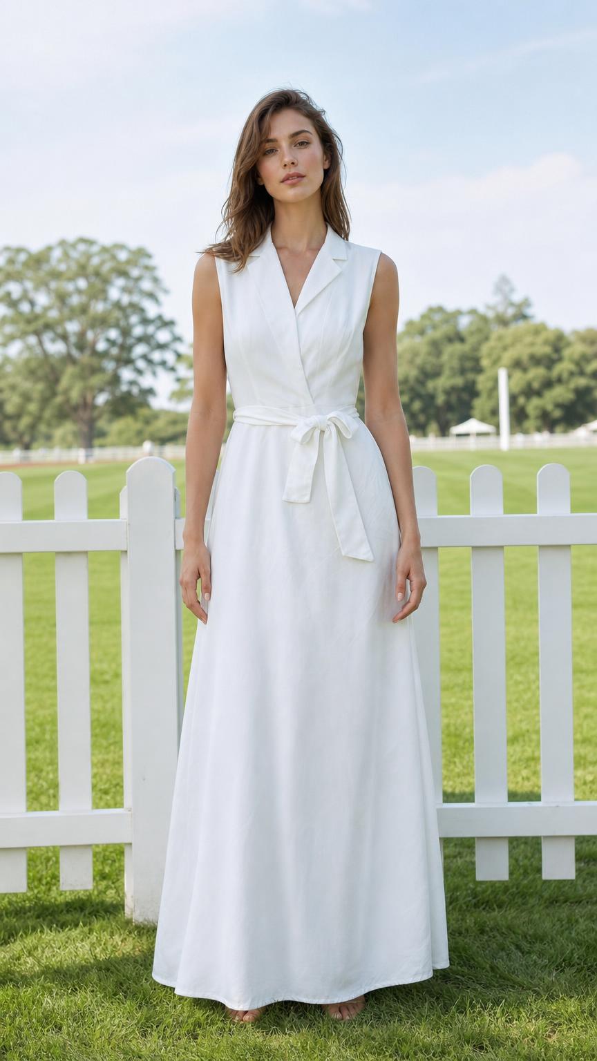 Front view of model wearing white sleeveless lapel maxi dress