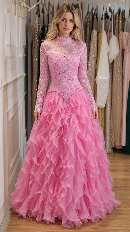 Front view of pink long-sleeve lace evening gown