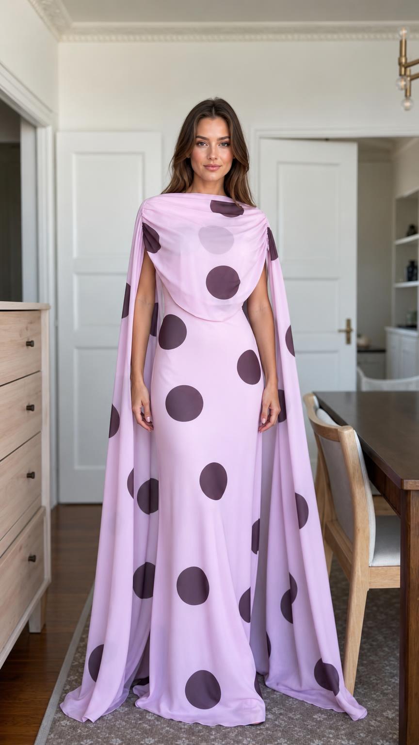 Lavender polka dot cape maxi dress front view