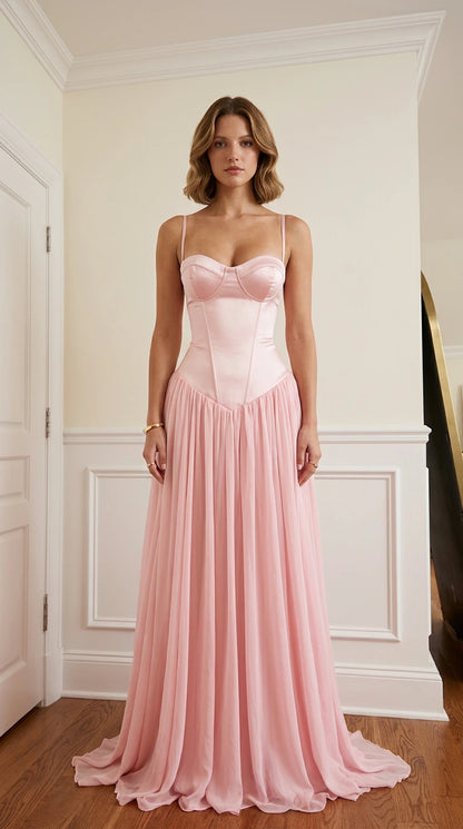 Front view of pink satin corset bodice chiffon maxi evening dress