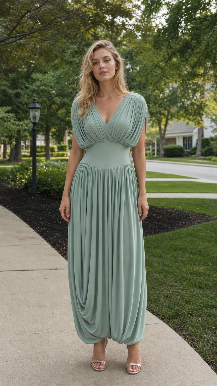 Front view of model wearing Sage Green pleated maxi dress