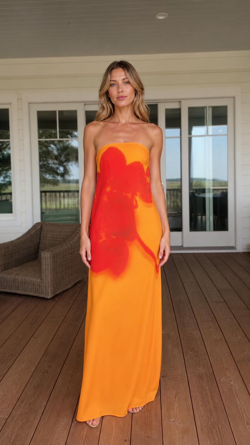 Front view of woman wearing orange strapless abstract floral maxi dress