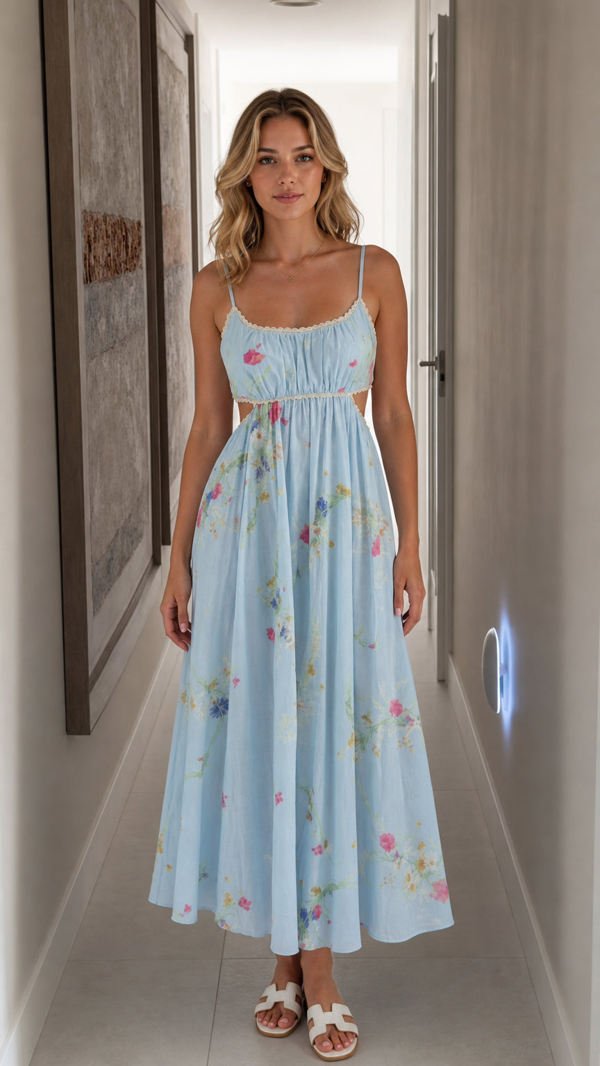 Front view of light blue floral cutout midi dress