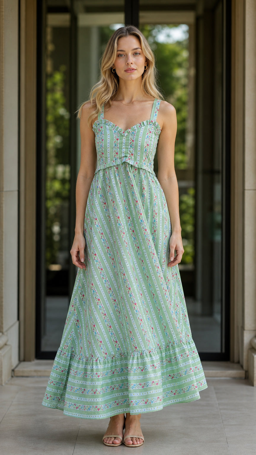 Front view of green floral striped ruffle maxi dress