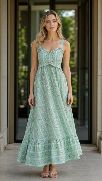 Front view of green floral striped ruffle maxi dress