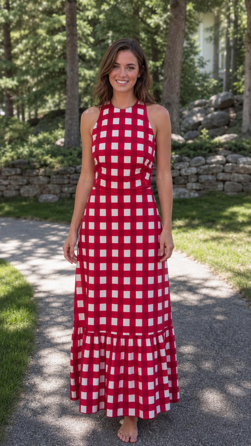 Front view of woman wearing red gingham maxi dress outdoors