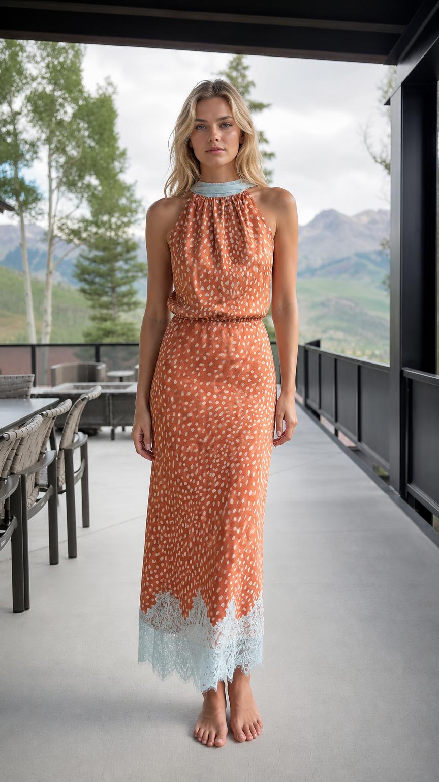 Front view of rust orange halter neck maxi dress with lace hem
