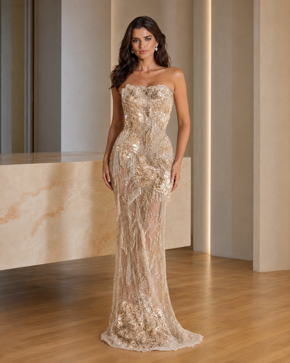 Champagne strapless sequin embroidered mermaid evening gown front view