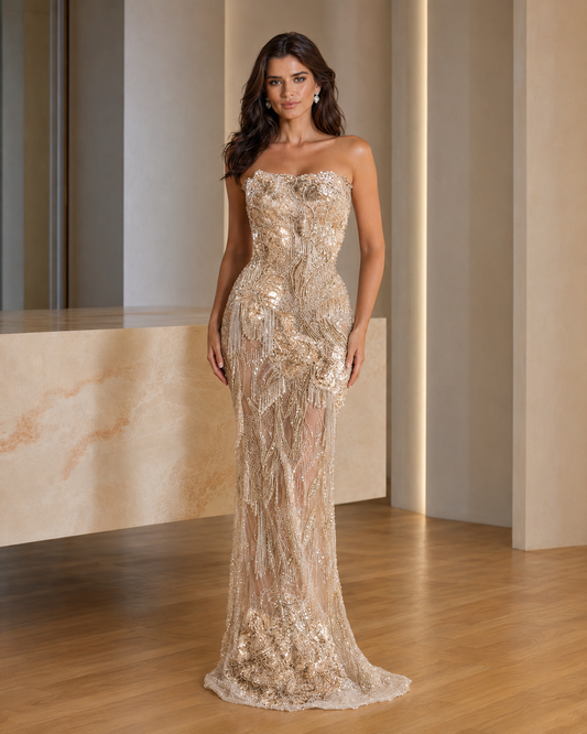 Champagne strapless sequin embroidered mermaid evening gown front view