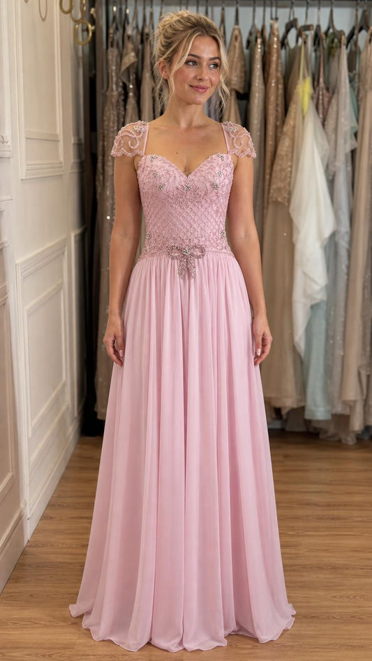Front view of pink beaded cap sleeve chiffon evening gown