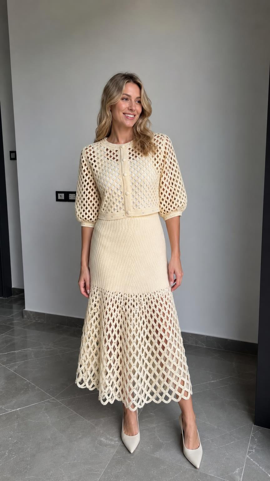 Front view of model wearing cream open-knit cardigan and matching midi skirt set
