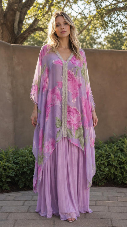 Model wearing lavender floral print maxi kaftan dress from the front