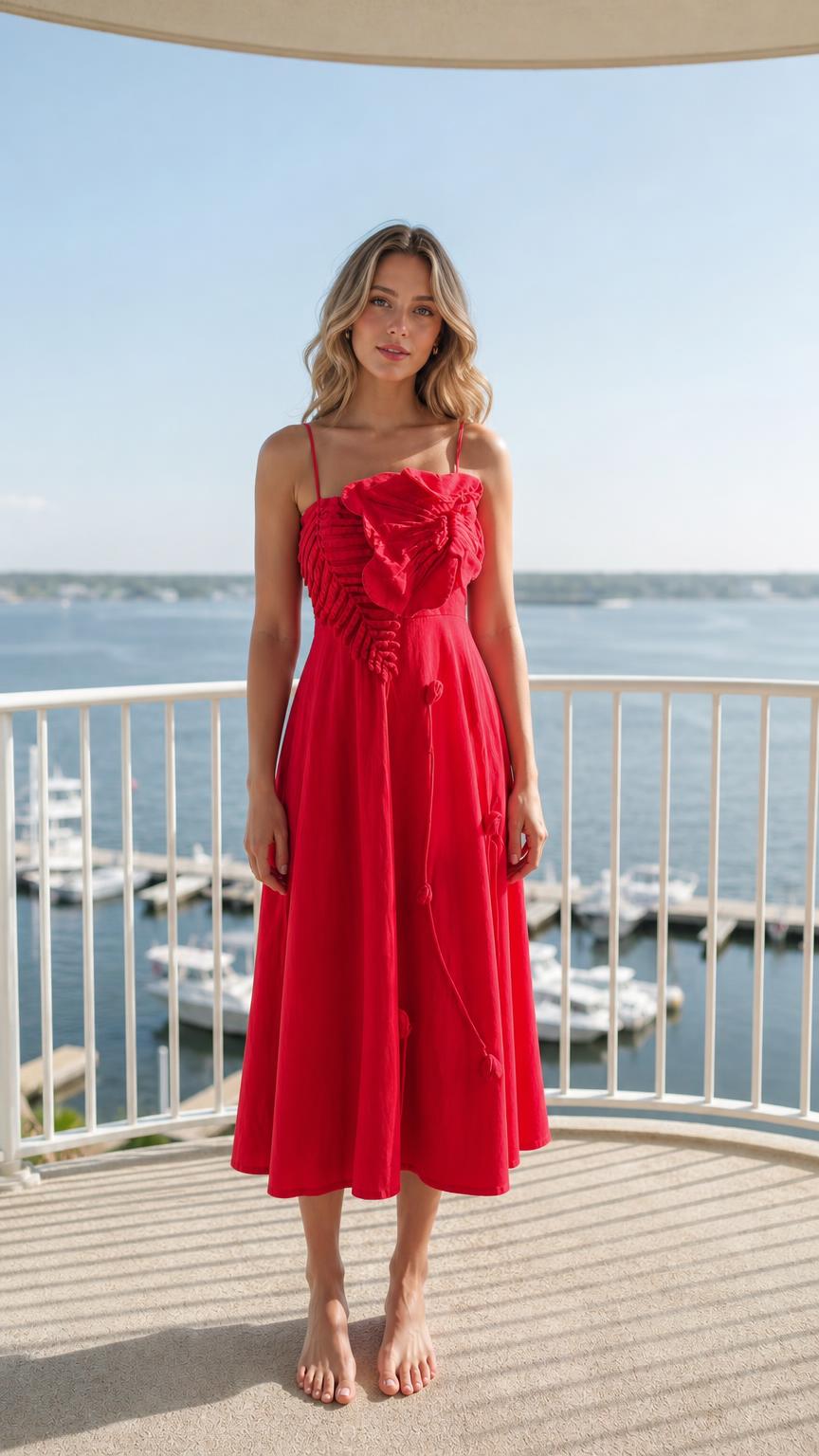 Front view of woman wearing red ruffled midi dress