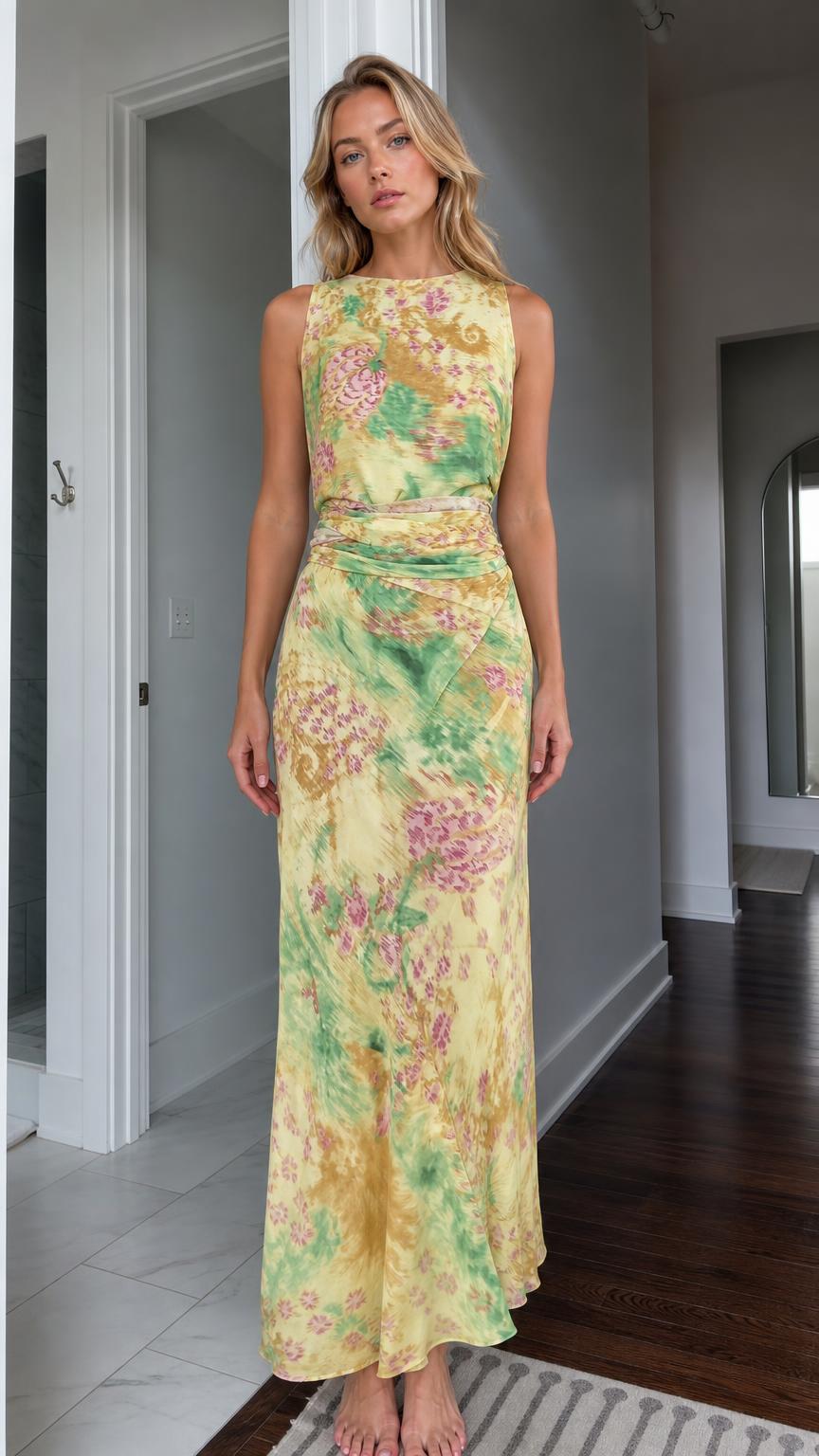 Front view of woman wearing yellow floral maxi dress