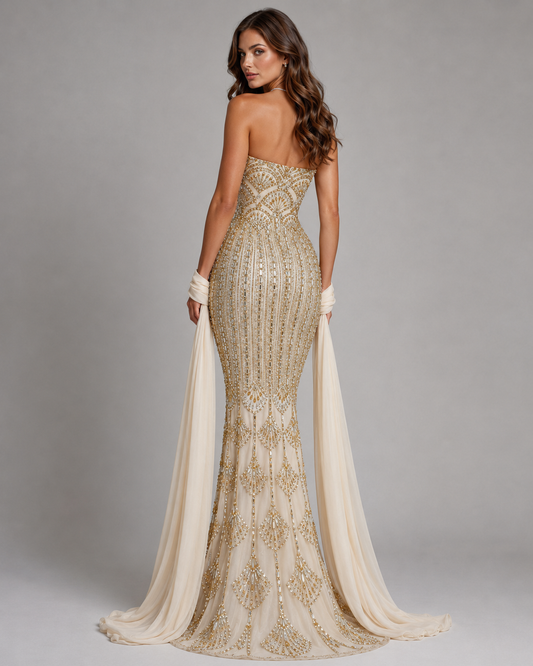 Back view of champagne strapless beaded mermaid evening gown with flowing ivory draped arm scarf
