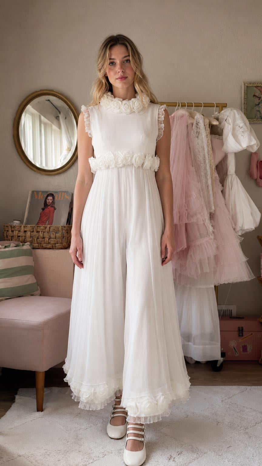 Front view of white ruffled maxi dress with floral trim