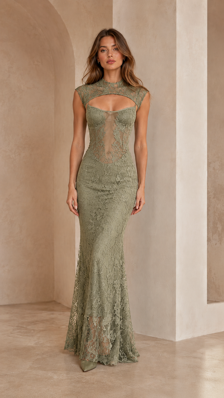 Sage lace mermaid maxi dress with high neck and front cutout