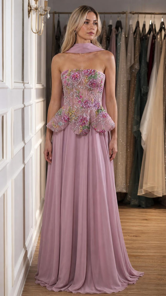 Front view of mauve floral embroidered strapless peplum gown