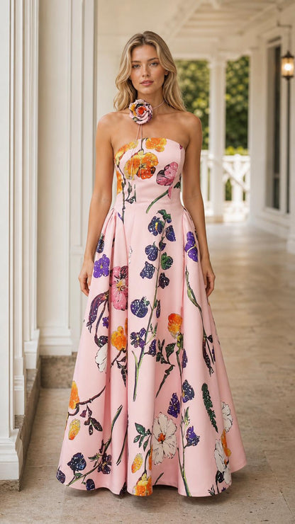 Front view of pink floral strapless maxi dress with 3D choker