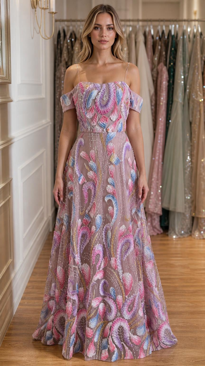 Front view of pink embroidered off-shoulder evening gown