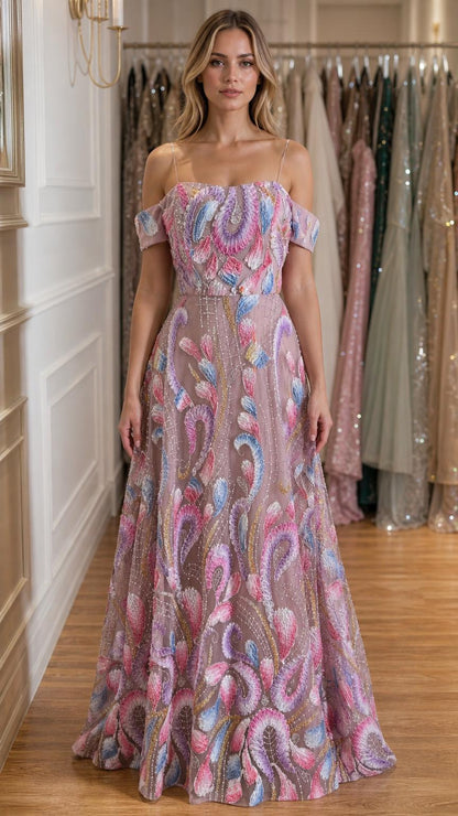 Front view of pink embroidered off-shoulder evening gown