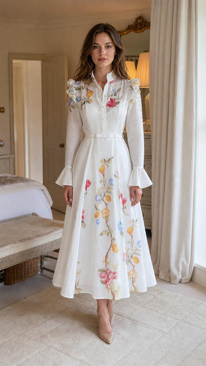 Front view of woman wearing white botanical embroidered midi shirt dress