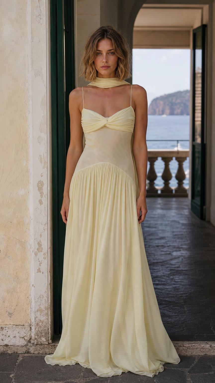 Front view of Lemon Yellow chiffon maxi dress with matching scarf