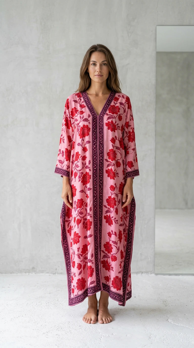 Front view of model wearing pink floral long kaftan maxi dress