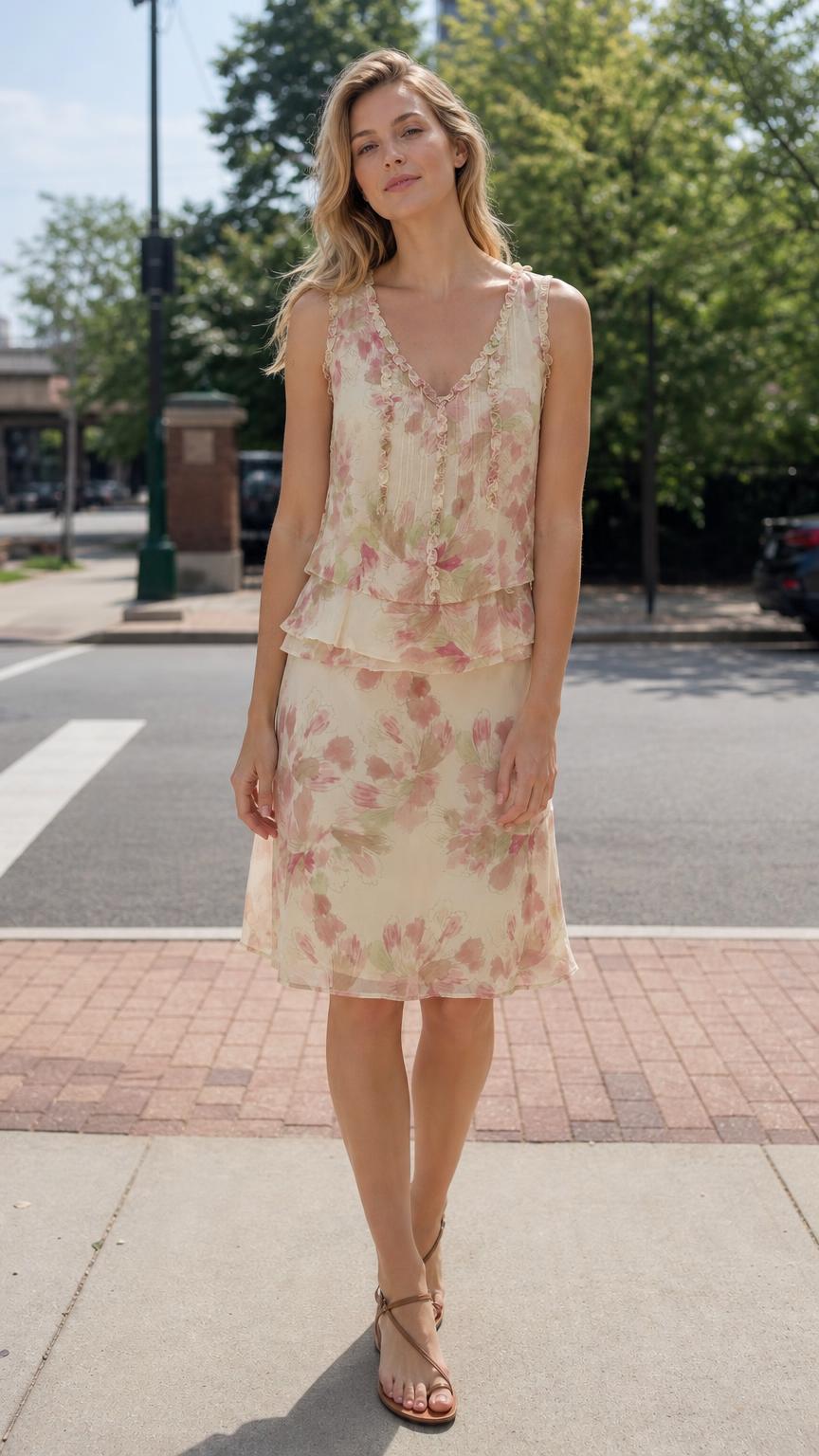 Front view of woman wearing Cream floral tiered dress with sandals