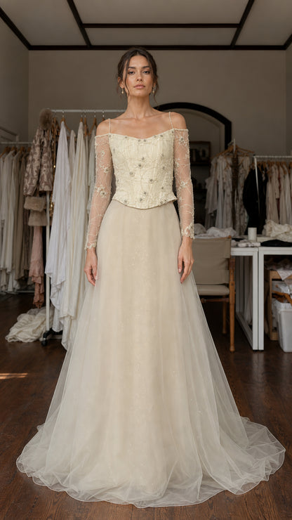 Front view of champagne beaded corset tulle evening gown