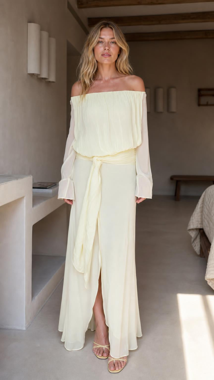 Front view of yellow off-the-shoulder chiffon maxi dress